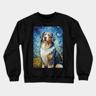 Australian Shepherd Dog Breed Painting in a Van Gogh Starry Night Art Style Crewneck Sweatshirt